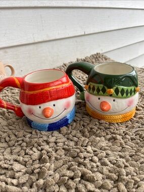 Pair of Festive Snowman Ceramic Mugs - Red & Green